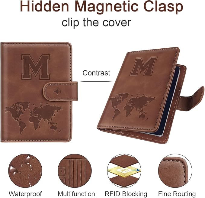 Passport Holder Wallet Cover Personalized Initial Travel Essentials | Embossed Letter A-Z Design, Travel Wallets, RFID Blocking, Passport Book Holders, Women Men, Personalized Gifts, Brown-M