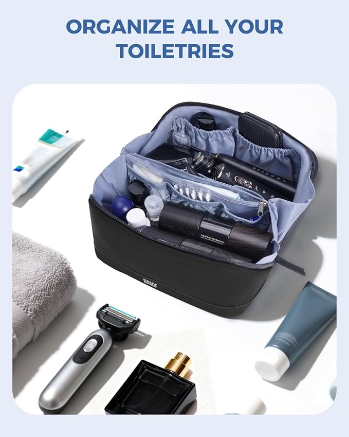 WANDF PU Leather Toiletry Bag for Men, Dopp Kit with Hanging Pouch | Water-Resistant Fabric, Travel Bag for Toiletries, Compact Storage, Shaving Accessories, Weekend Trips