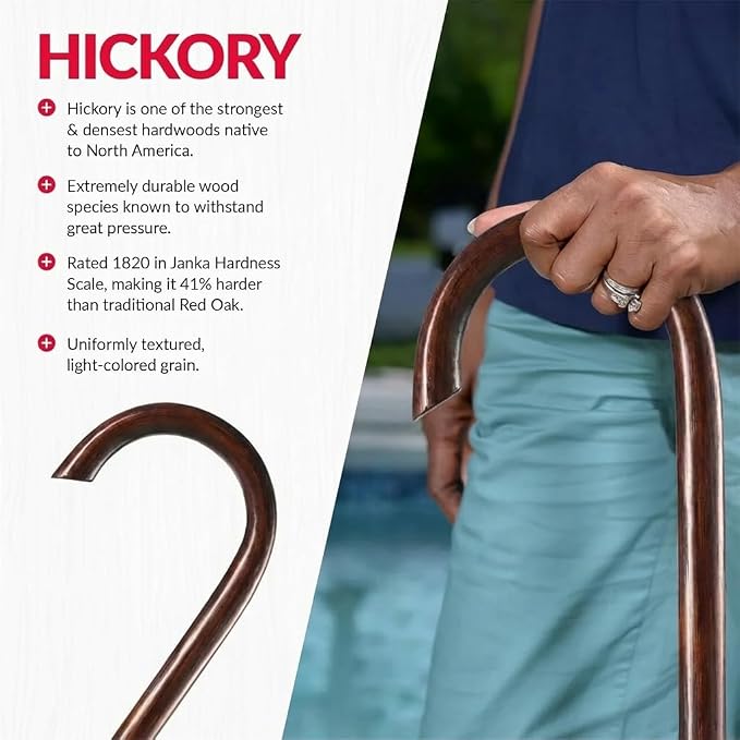 Cane Masters Handmade Wooden Classic American Walking Cane | Highly Durable American Hickory Wood Walking Cane | Ergonomic Handle and Body Grip, Anti-Slip Rubber Tip Wood