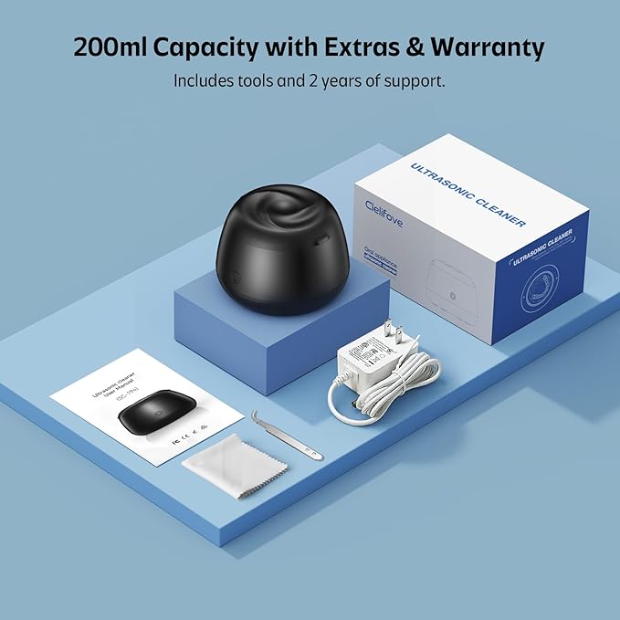 Ultrasonic Retainer Cleaner Machine 48kHz Denture and Aligner Cleaning Pod for Mouth Guards Night Guards Dental Trays Braces Toothbrushes Jewelry with 200ML Capacity (Black)