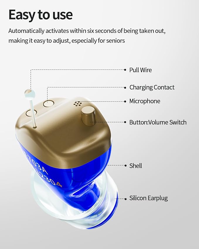 Hearing Aids for Seniors Rechargeable Invisible in The Ear Design with 24H Battery DSP Noise Reduction OTC Hearing Aids for Mild to Moderate Hearing Loss Control Not Amplifiers (WB)