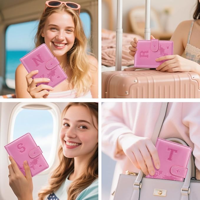 Passport Holder Cover Initial Letter A-Z Travel Wallet Personalized | Travel Essentials, Embossed Design, RFID Blocking, Personalized Gift, Passport Book Holders for Women and Girls, Pink-T