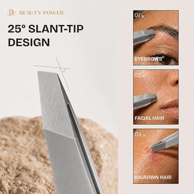 Beauty Power Slant Tip Precision Tweezers - Stainless Steel Eyebrow Tweezers for Women & Men - Precision Tweezers for Facial Hair, Ingrown Hair & Brow Shaping - Professional Beauty Tool (Gray)