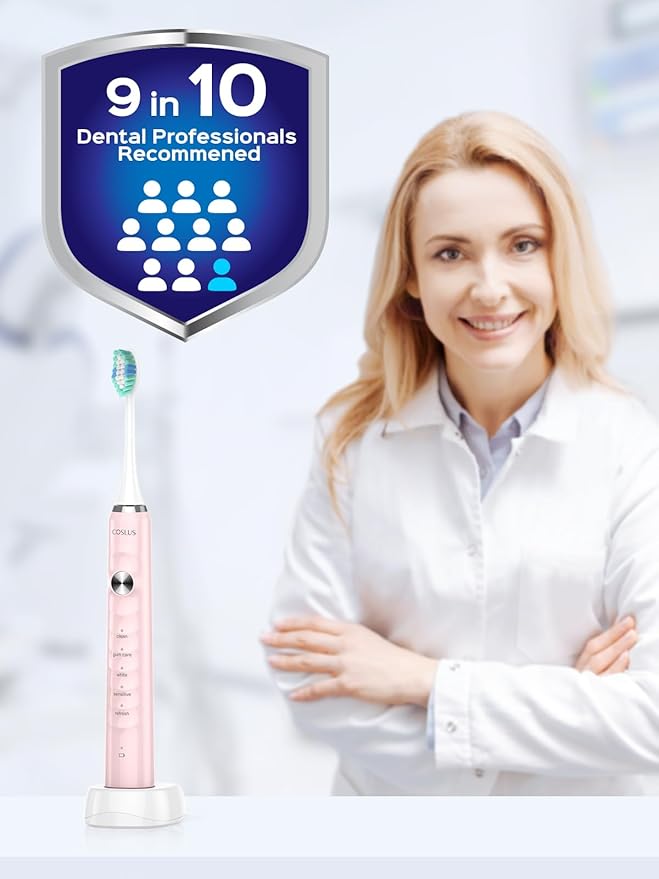 COSLUS Sonic Electric Toothbrush for Kids & Adults: 47000 VPM for Deep Cleaning & Whitening with Travel Case - 5 Modes for Sensitive Teeth & Braces, Wireless Charging, 6 Brush Heads, Pink (1PC)