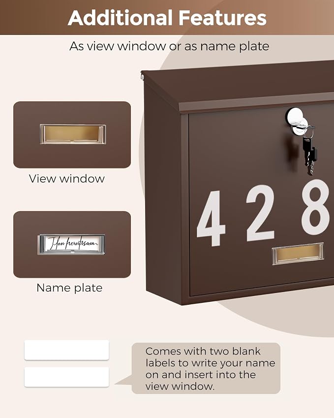 LAND·VOI Locking Wall-Mount Mailbox for Outside, with 4 Keys, Galvanized Steel Rustproof Metal Postbox, 4" Dx13.8 Wx11.2 H, Includes 3 Sets of Mailbox Numbers, Nameplate, Bronze