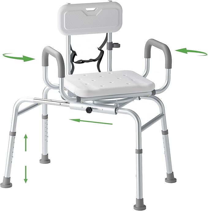 Sliding Shower Chair Tub Transfer Bench with Swivel Seat, Padded Armrest and Backrest, Height Adjustable for Bathtubs, Inside Shower, for Handicap & Seniors，350 Lbs