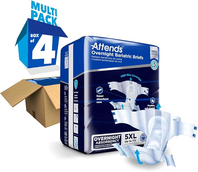Attends Bariatric Incontinence Disposable Briefs, 5X-Large, Up to 115" Waist with Tab Closures, Ultimate Absorbency, Dry-Lock Containment Core and ConfidenceCuff Leakage Protection, 5XL 32ct Case