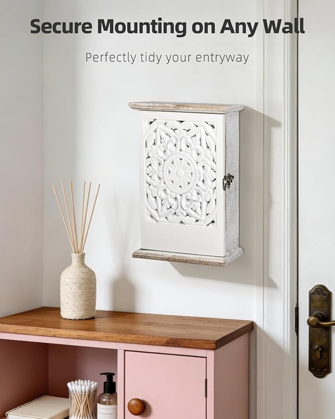 Uniclife Key Holder Wall Mount, Home Key Holder for Wall, Wooden Key Box Wall Mount, Small Wall Cabinet with Key Hooks, Key Hanger, Decorative Hanging Key Rack for Entryway & Office