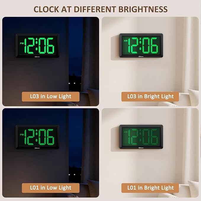Soobest 9.5 Inch Large LED Digital Wall Clock Battery Operated, Auto & Manual Dimmer Display, Easy to Read 3.2'' Big Digit with Alarm for Seniors, Modern Decor for Living Room, Bedroom, Office (Green)