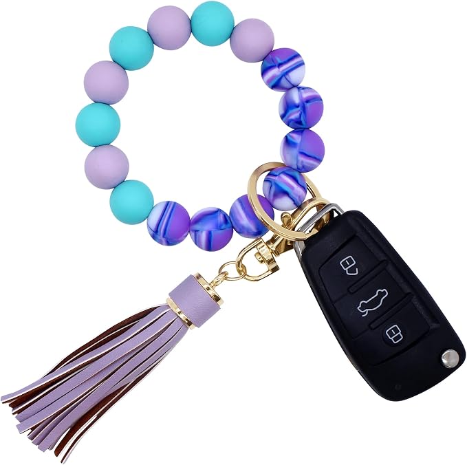 BIHRTC Key Ring Bracelet Car Keychain Holder Wristlet Silicone Women Beaded Bangle Chains
