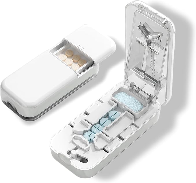 Precision Pill Cutter with Centering Guide - Multi-Angle Tablet Splitter for 1/2, 1/3 & 1/4 Cuts, Includes Pill Crusher & Storage Compartment (Clear)