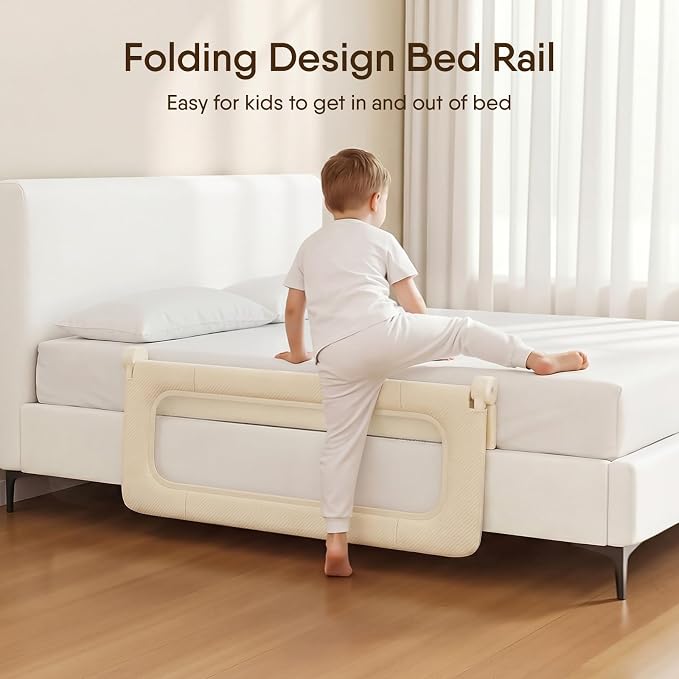 Bed Rail for Toddlers, 47 Inch Foldable Baby Guard | 47 in foldable toddler rail with reinforced anchors, no-gap mattress fit, double lock, washable fabric for King|Queen