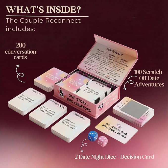 Life Sutra Couple Reconnect 3 in 1 Game - 200 Classsic Conversation Cards, 100 Scratch Off Date Adventures and Endless Date Nights Combinations with The Couples Dice Game. Ideal Valentine's Gift