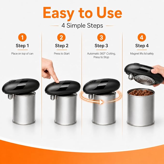 Battery Electric Can Opener, One-Touch,Hands-Free,Smooth Edge,Black,Compact | Effortless safe Automatic Fits Most Round & Square Cans Cord-Free Convenience Camping Kitchens RVs Beginner-Friendly