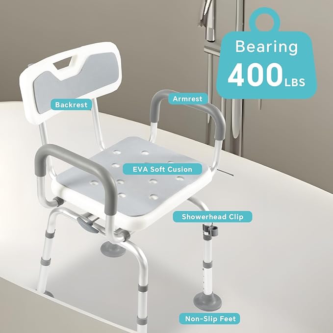 360° Swivel Shower Chair with Padded Arms and Back, Non-Slip Heavy Duty Bench Seat for Seniors, Disabled or Bariatric, Height Adjustable for Inside Shower Stall, Bath Tub, 400 lb Capacity
