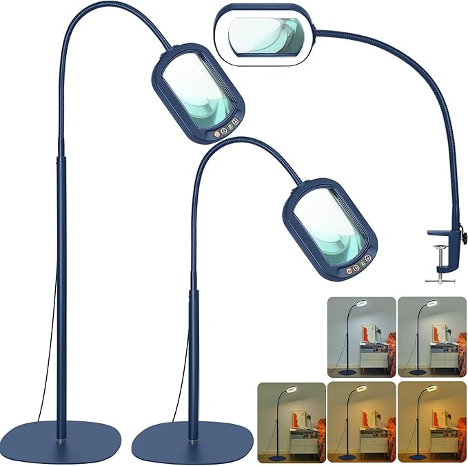 Drdefi 10X Rectangular Real Glass Magnifying Glass with Light and Stand, 24" Flexible Gooseneck Floor Lamp, 5 Color Modes Stepless Dimmable, 3-in-1 Lighted Magnifier Light Hands Free for Reading Blue