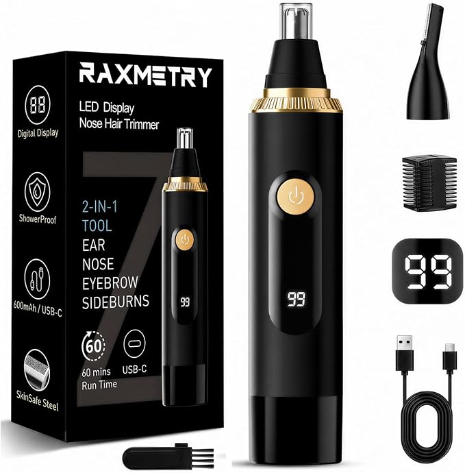 Nose Hair Trimmer for Men and Women,2026 Professional Painless IPX7 Waterproof Eyebrow & Facial Hair Trimmer,USB Rechargeable with LED Display Dual-Edge Blades,Black