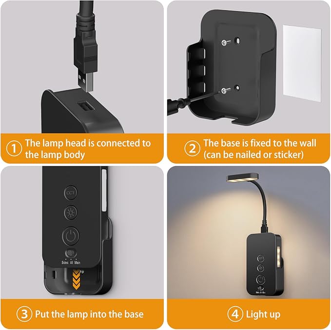 Ellasay Wall Mounted Reading Light: Dimmable LED Night Lights with Timer & Memory - Adjustable Gooseneck USB Powered - Easy Install for Kids Bedroom/Dorm Room/RV 2 Pack (Black)