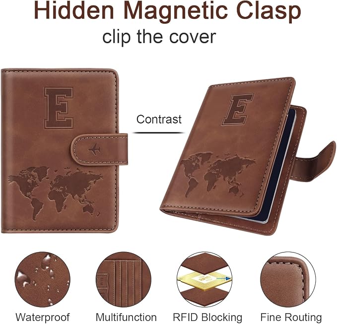 Passport Holder Wallet Cover Personalized Initial Travel Essentials | Embossed Letter A-Z Design, Travel Wallets, RFID Blocking, Passport Book Holders, Women Men, Personalized Gifts, Brown-E