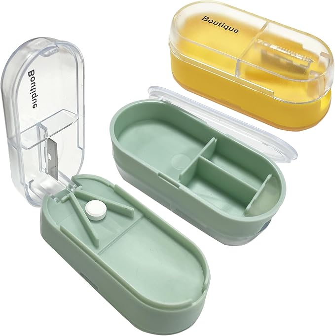 2 Pack Pill Cutter for Small or Large Pills, Portable Pill Splitter 2-in-1 Pill Case with Stainless Steel Blade, Cuts Pills, Vitamins, Tablets