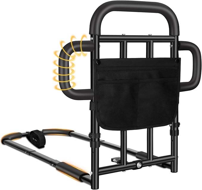 Heavy Duty Bed Rail for Elderly Adults with 2 Grab Bars, 400LBS Capacity, Adjustable Height Bed Assist Rail with Non-Slip Foam Grip, Sensor Light & Storage Pocket for King/Queen/Full/Twin Bed