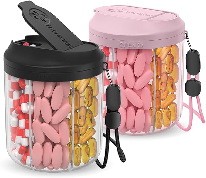 Pill Dispenser with 7 Large Compartments, Pill Organizer for Travel, Supplement Organizer with Anti-Mixing Design, Pink+ Black
