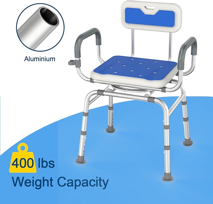 360 ° Swivel Shower Chair,Portable Rotating Shower Seat with Padded Armrests and Backrest, Adjustable Bathtub Height Seat,Support 400lbs