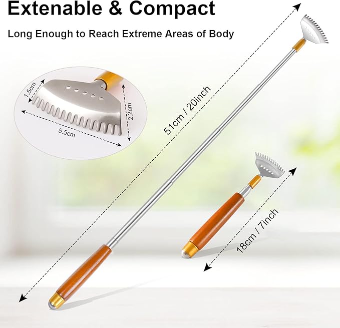 Back Scratcher, Metal Back Scratcher Telescopic Wooden Handle with Steel Roller Ball- Wide Claw, Portable Face Head Scalp Butt Scratcher Back Massager Tool