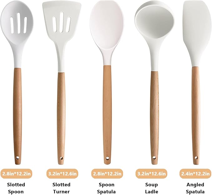 Silicone Kitchen Utensils Set of 5, Cooking Utensil Set with Heat Resistant Wooden Handle Non-Stick Silicone Spatula Spoon Turner Ladle, BPA FREE Cooking Kitchen Gadgets for Cookware & Baking
