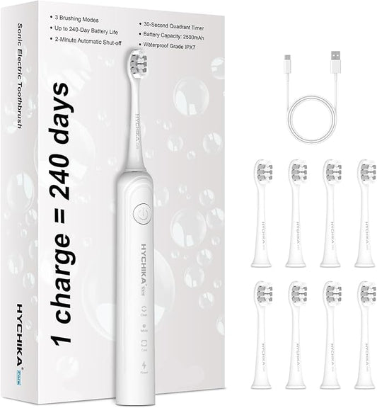 240 Days Battery Life Rechargeable Electric Toothbrush for Adults,with 2500mAH Large Capacity, 8 Pack Replacement Brushheads,3 Classic Modes,2 Min Smart Timer Battery Toothbrush,White