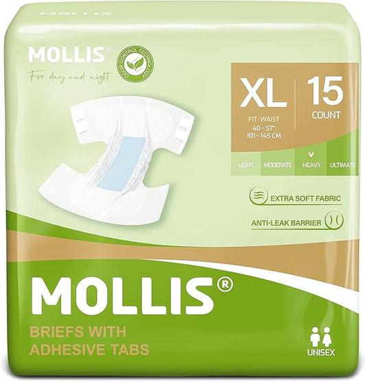 MOLLIS Adult Diapers for Women and Men, Unisex Disposable Incontinence Briefs with Tabs, Odor Control, XLarge, 15 Count