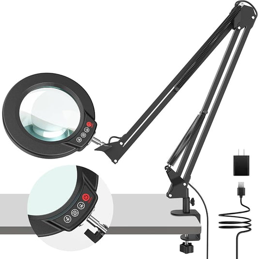 10X Magnifying Glass with Light and Clamp, Real Glass Stand Lighted Magnifier, 2*16 Arm 5 Color Modes Stepless Dimmable LED Desk Lamp Hands Free for Craft Hobby Reading Painting Close Work Large Black