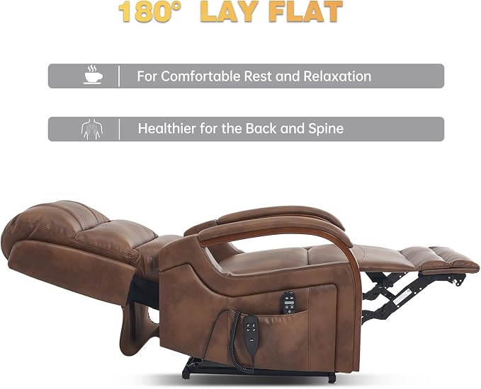 Trustyue Power Lift Recliner Chair,180° Lay Flat Recliner,Lift Chair with Massage and Heat,Standing Assistance, Living Room Chair for Elderly People Faux Leather, Brown
