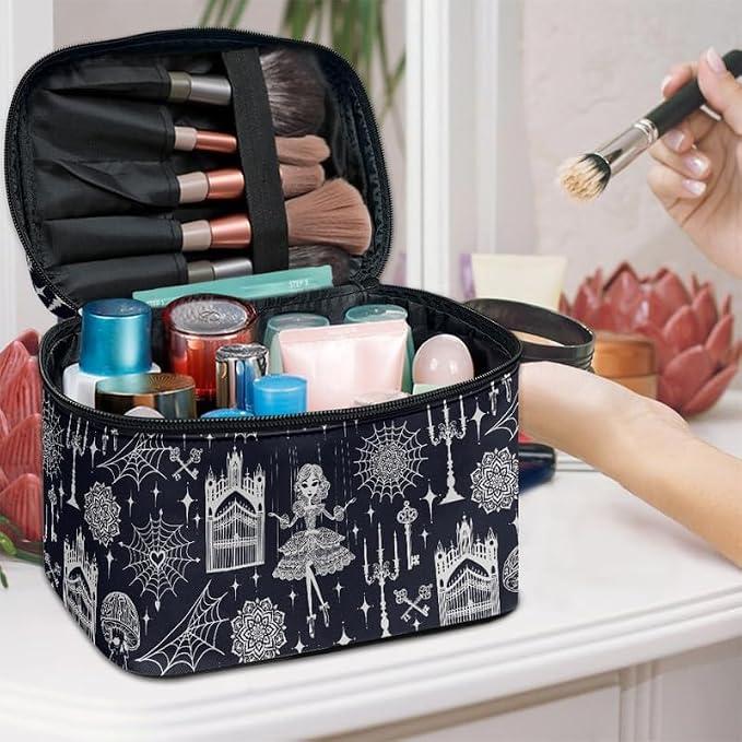 Witchy Girl Print Makeup Bag Cosmetic Organizer for Women, Gothic Night Castle Printed Make Up Bag Toiletry Accessories Case Travel-Size