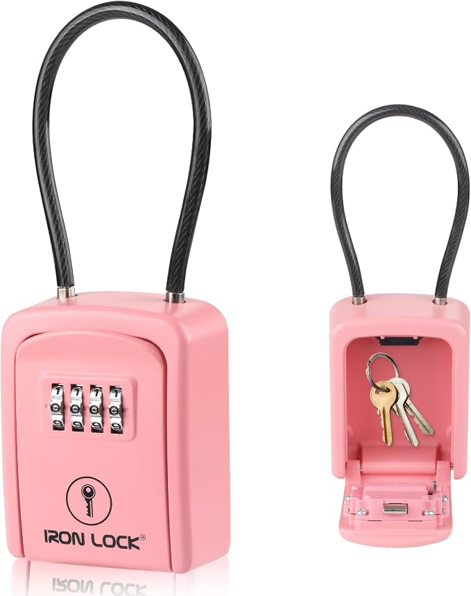 Iron Lock® Key Lock Box with Code, Portable Cable Shackle (Small, Pink) | Holds 2-3 house keys or an access card; 11-in steel cable loops on gate or rail; weather-resistant; no app or battery