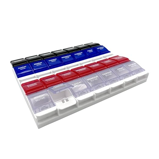 Ezy Dose Push Button Weekly 7-Day, 4X/Day Pill Organizer, Blue & Red, 2XL | Weekly Pill Case, Medicine Planner, Daily Vitamin Organizer, 4 Times a Day, Arthritis Friendly Push Button Lids, BPA Free