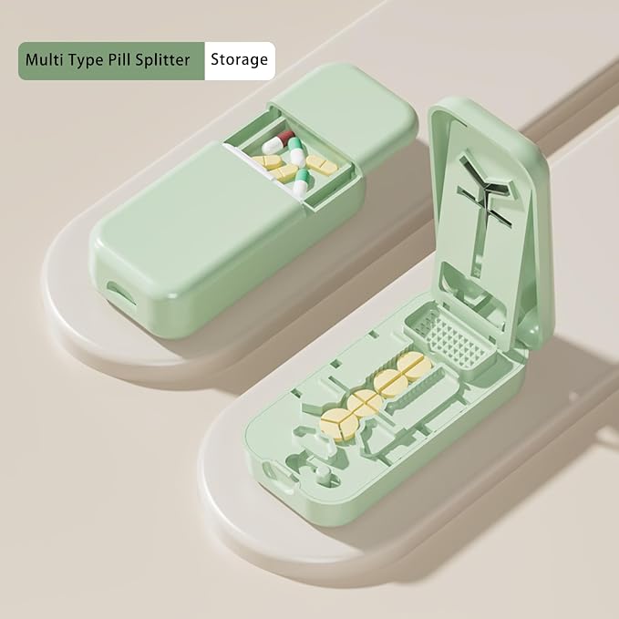 Precision Pill Cutter with Centering Guide - Multi-Angle Tablet Splitter for 1/2, 1/3 & 1/4 Cuts, Includes Pill Crusher & Storage Compartment (Green)