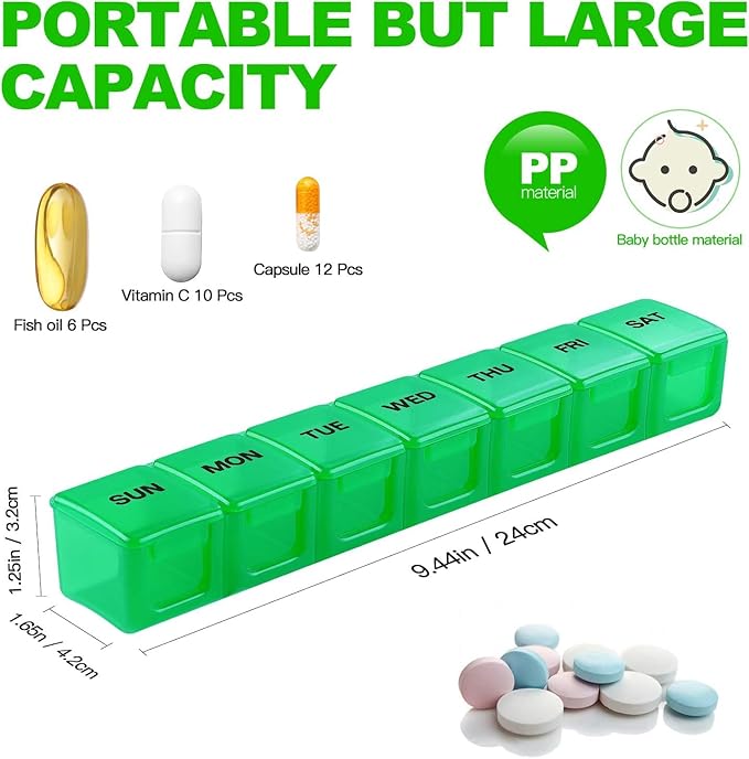 Pill Organizer 2P Green XL Extra Large Weekly and Daily Pill Cases