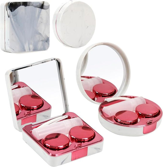 2 Pack Contact Lens Case, Portable Eye Contacts Colored Lenses Applicator Remover Tool Kit with Mirror Solution Bottle for Daily Makeup Office Travel Outdoor (Rose Pink Marble)
