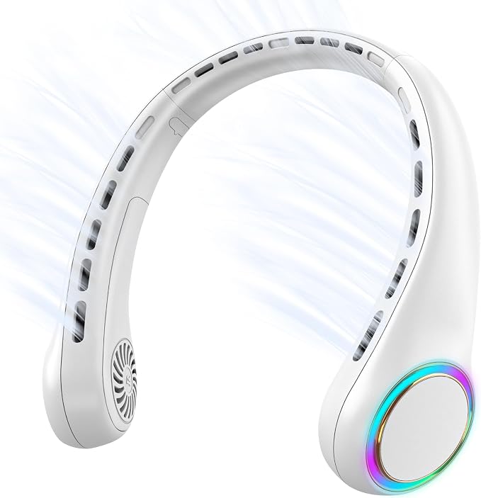 GULAKI Portable Neck Fan, Personal Fan with 4000mAh Battery, Rechargeable Neck Fan with 3 Speeds and 64 Cool Lights, Birthday Gifts for Men Women Mom Dad, Hands Free Cooling fan for Summer(White)
