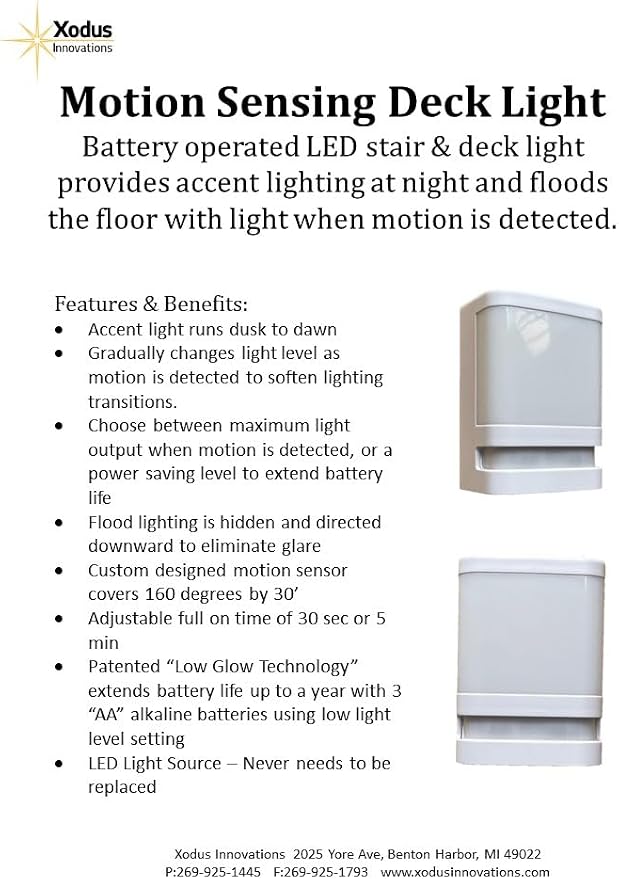Xodus Battery Operated LED Deck & Stair Light, Motion Sensor, Black, 3 Pack | Illuminates steps for safer nighttime footing, motion-activated, weatherproof, indoor or outdoor use, low glow mode, timer