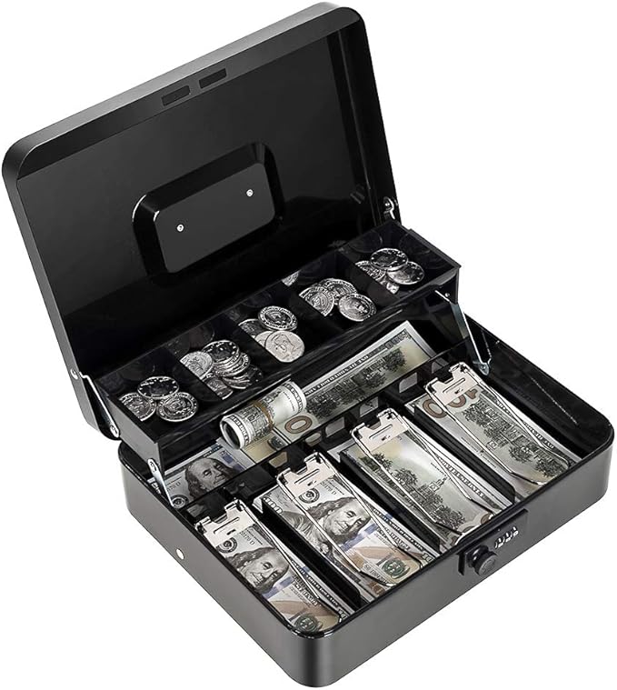 Cash Box with Money Tray and Combination Lock Metal Money Box for Cash Register Tiered Lock Box for Money 11.8" x 9.4" x 3.54" Black