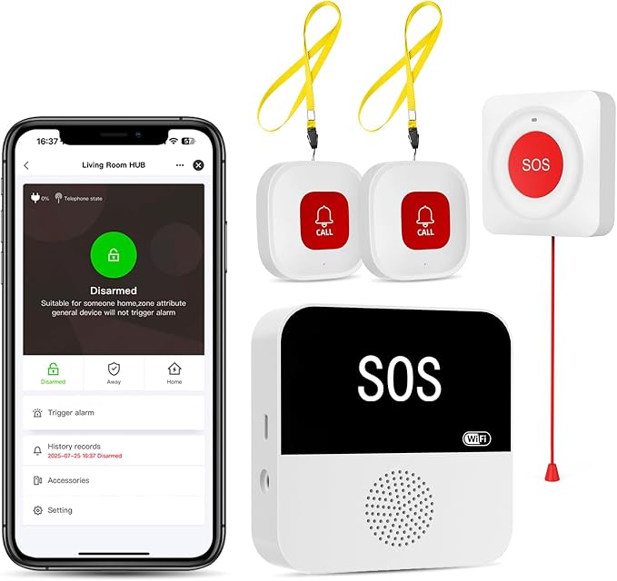 PILSAMAS WiFi Caregiver Wireless Call Button System - 2 Lanyard + 1 Pull Cord Emergency Button, No Monthly Fee APP Alert, Custom Names/Tones, Elderly Safety for Mobile, Bathroom & Bedside Care