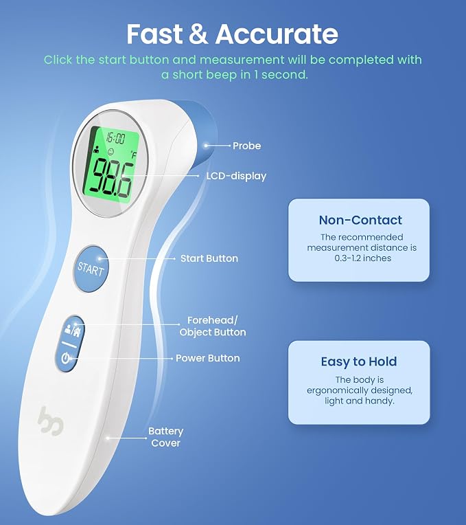 Forehead Thermometer for Adults and Kids, Digital Baby Thermometer | 1s Fast Accurate Reading, 3 Color Fever Alarm, Forehead & Object Mode, Non Contact, Battery Included