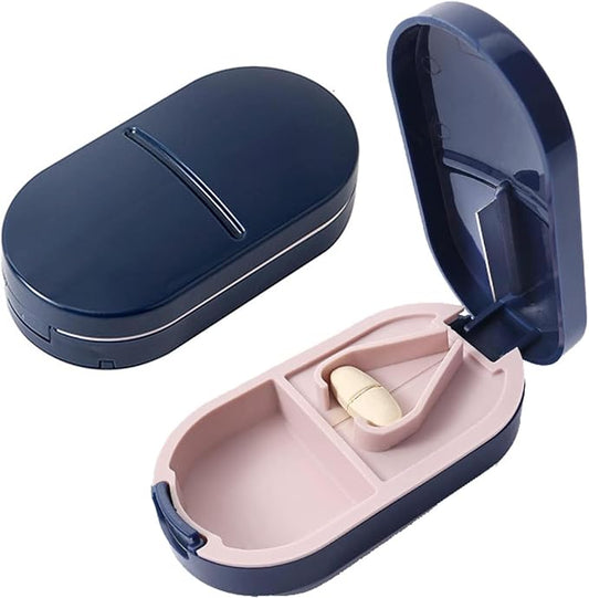 Pill Cutter Splitter for 1/2 Cuts, Small Tablets and Vitamins, Easy-Open Button, Built-in Storage, Shielded Stainless Steel Blade, Portable Tablet Splitter(Blue)