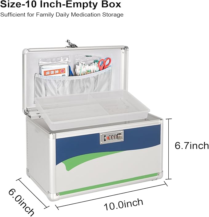 Medicine Lock Box with Combination Lock - 10" Hard Case for First Aid & Pill Storage, with Removable Tray & Pockets – for Home, Car, Outdoor – Blue [No Strap]