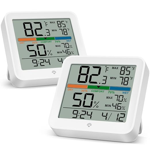 Indoor Digital Thermometer Hygrometer, Set of 2, Room Temp Humidity Monitor | Accurate with Calibration, Backlight, Air Comfort Indicator, 24H Max Min Records, Time, Date (AAA Batteries Included)