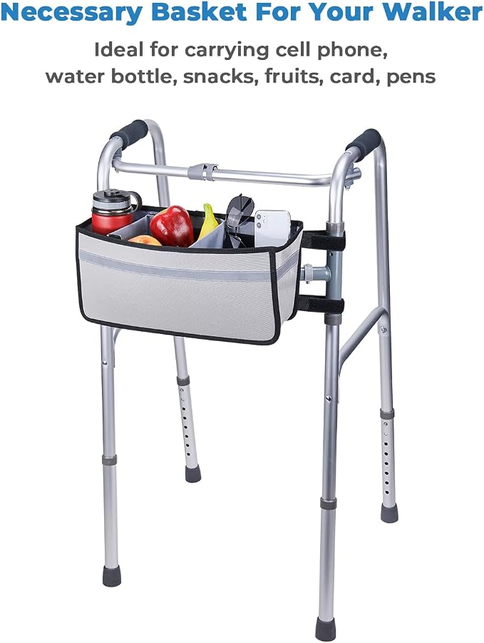 JOYTUTUS Walker Basket for Seniors, Basket for Walkers with Cup Holder, with Two Split Board, Foldable Walker Storage Bag, Best Gift for Family and Friends, Gray (Not Fit Rollator Walkers)