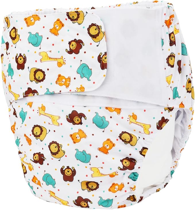 Large Teen Adult Cloth Diaper Nappy Reusable Washable Disability Hook and Loop (Lions Elephants (Large 26in to 50in))