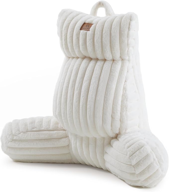 Amélie Home Faux Fur Reading Pillow with Pocket for Sitting in Bed, Adult Backrest Bed Pillow with Washable Cover for Lounging, Study & Relaxing, Ivory 25 inches